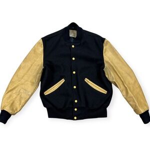 Vintage 80s DeLong Varsity Letterman Jacket Men's Size 36 Black Tan Sleeves